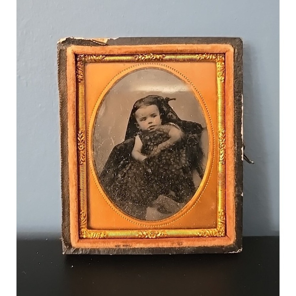 Antique Daguerrotype Photo in Frame Young Baby Girl In Summer Dress